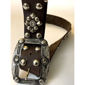 37" w/Silver stones Brown Leather Distress Bejeweled studded Buckle